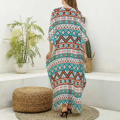 Navajo Geometric Pattern Print Silk V-Neck Kaftan Dress