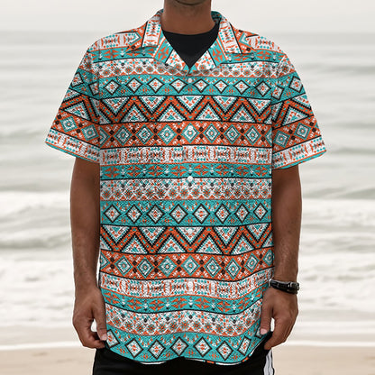 Navajo Geometric Pattern Print Textured Short Sleeve Shirt
