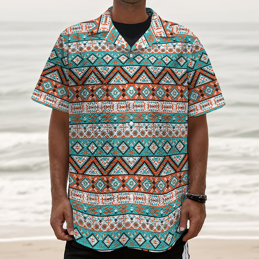 Navajo Geometric Pattern Print Textured Short Sleeve Shirt