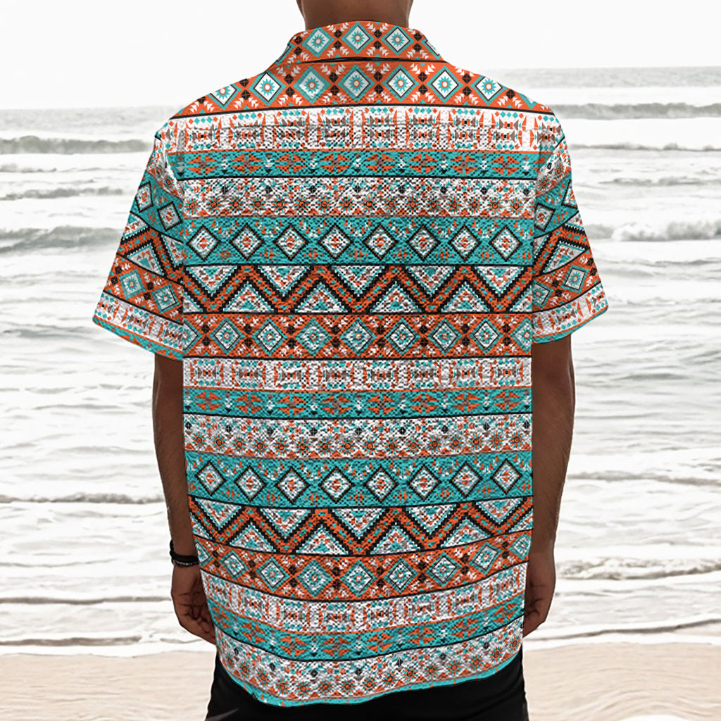 Navajo Geometric Pattern Print Textured Short Sleeve Shirt