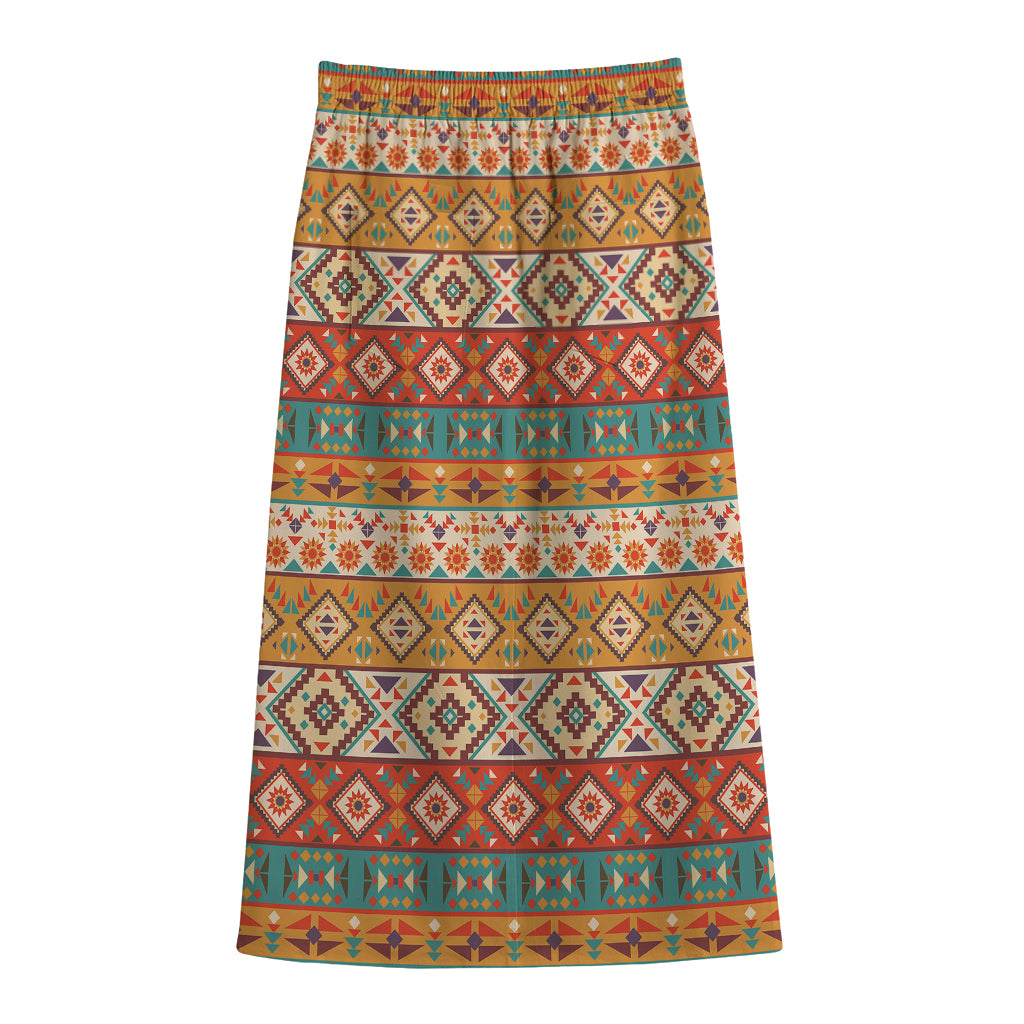 Navajo Native Pattern Print Cotton Front Slit Maxi Skirt