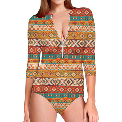 Navajo Native Pattern Print Long Sleeve Swimsuit