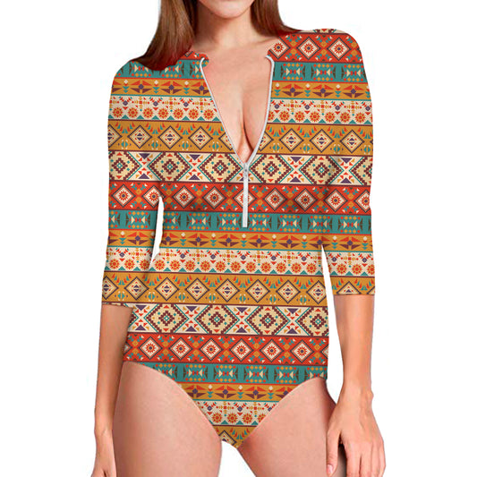Navajo Native Pattern Print Long Sleeve Swimsuit