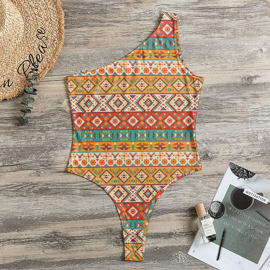 Navajo Native Pattern Print One Shoulder Bodysuit