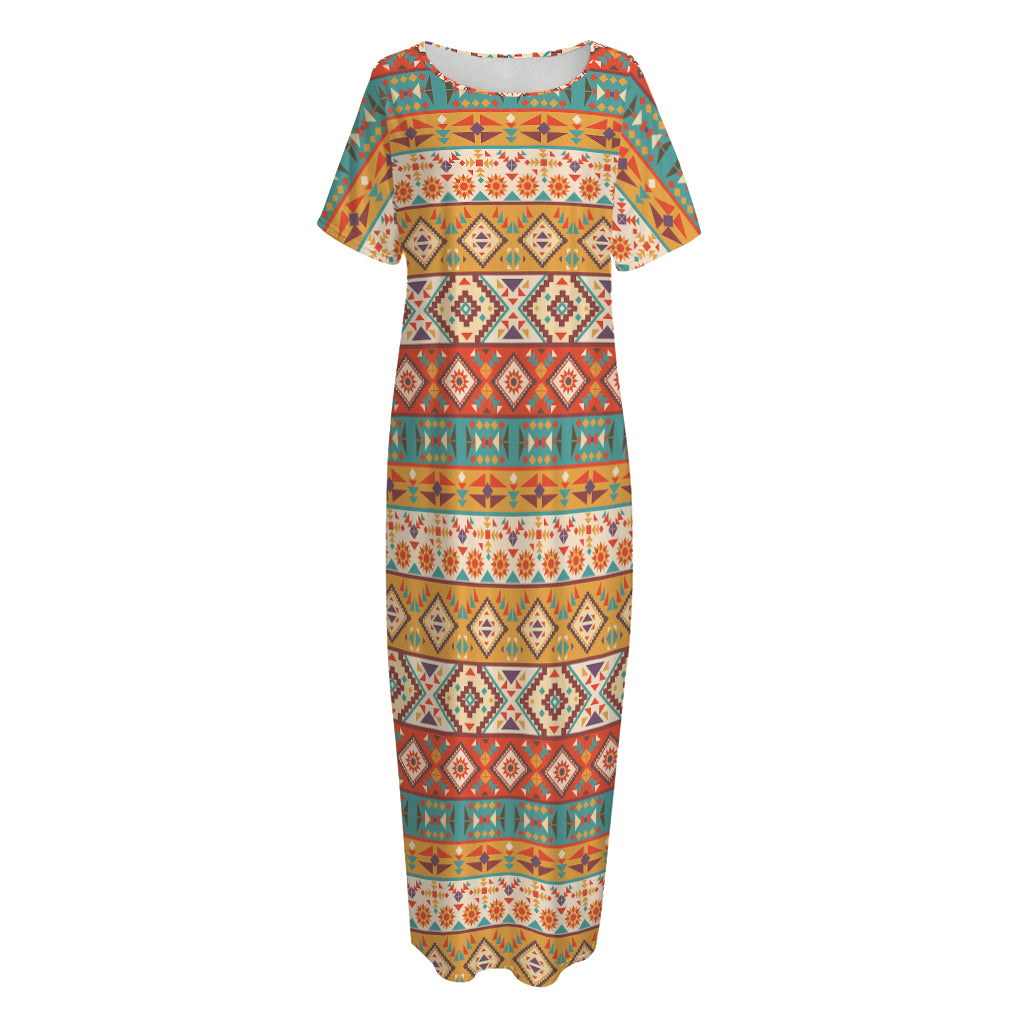 Navajo Native Pattern Print Short Sleeve Long Nightdress