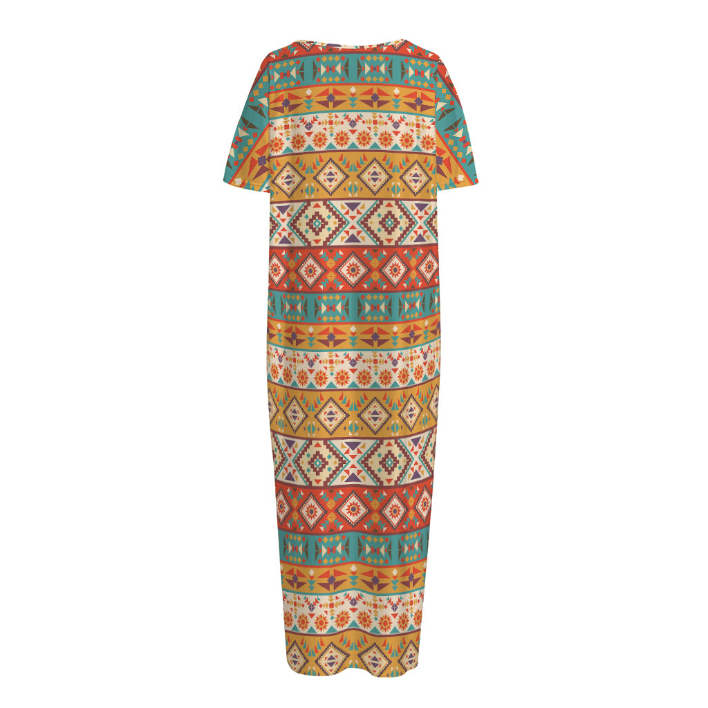Navajo Native Pattern Print Short Sleeve Long Nightdress