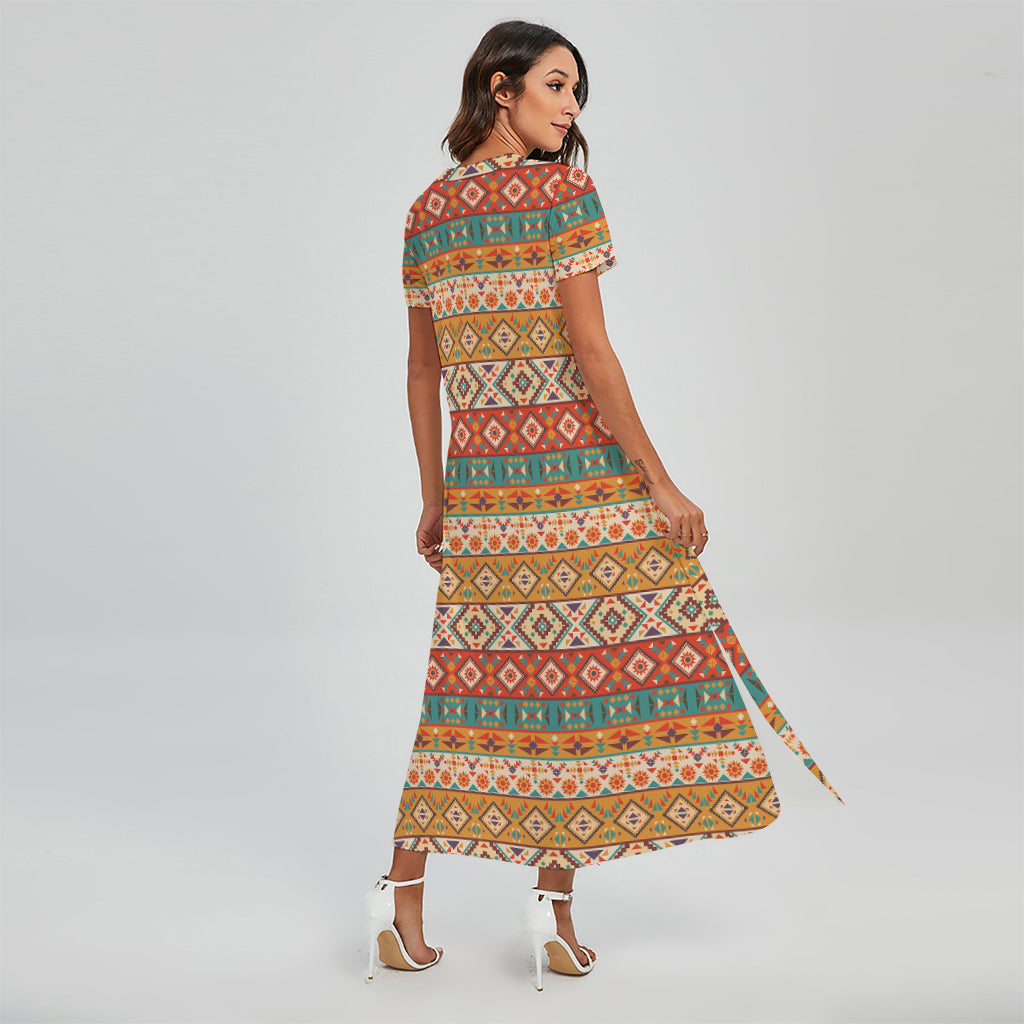 Navajo Native Pattern Print Short Sleeve Maxi Dress