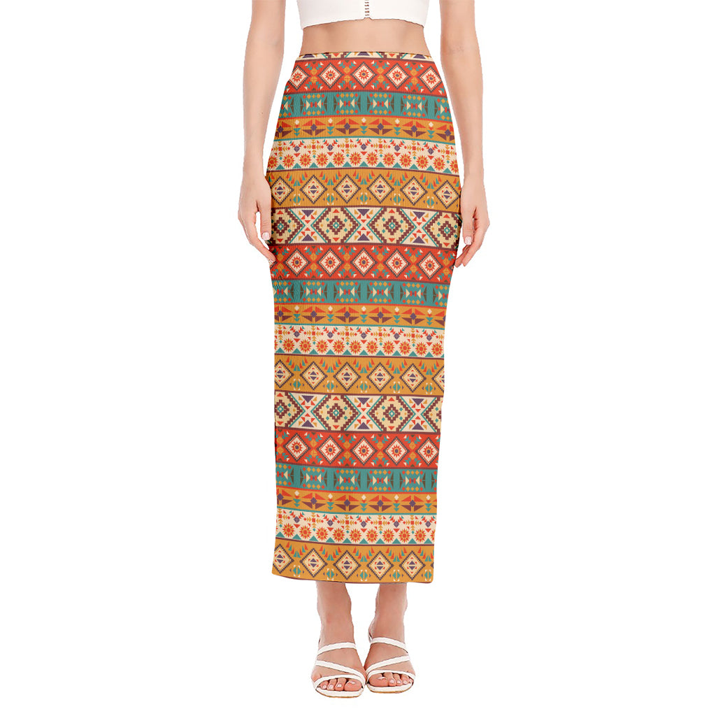 Navajo Native Pattern Print Side Slit Maxi Skirt