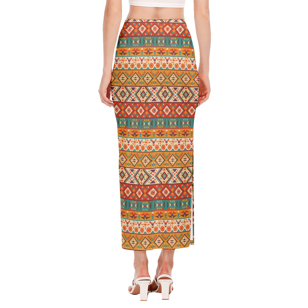 Navajo Native Pattern Print Side Slit Maxi Skirt