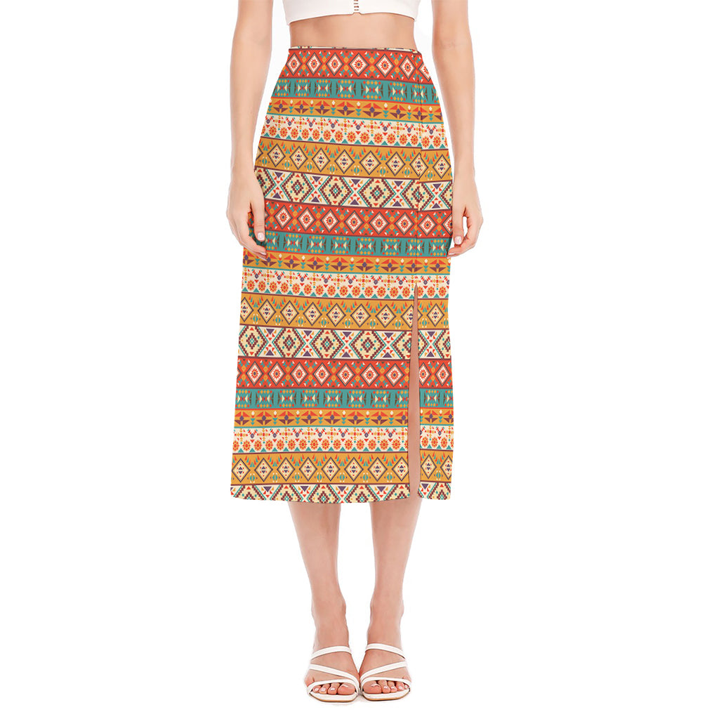 Navajo Native Pattern Print Side Slit Midi Skirt