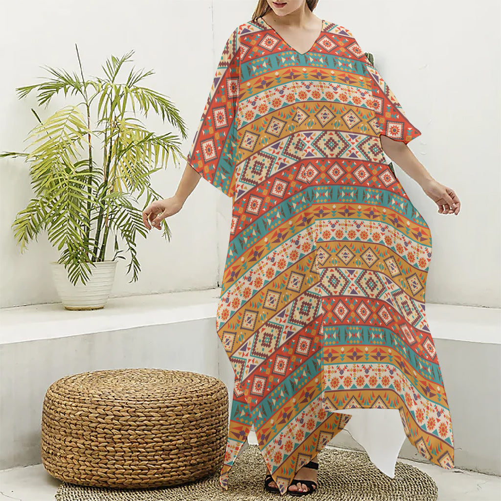 Navajo Native Pattern Print Silk V-Neck Kaftan Dress