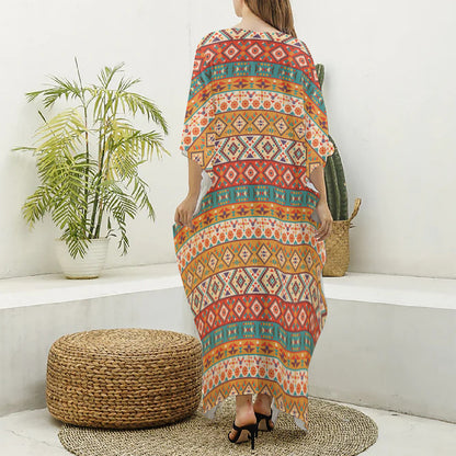 Navajo Native Pattern Print Silk V-Neck Kaftan Dress
