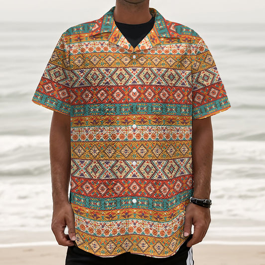 Navajo Native Pattern Print Textured Short Sleeve Shirt