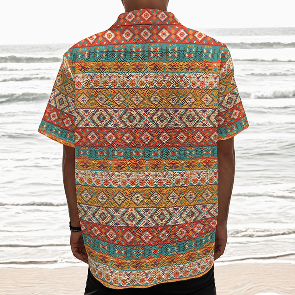 Navajo Native Pattern Print Textured Short Sleeve Shirt