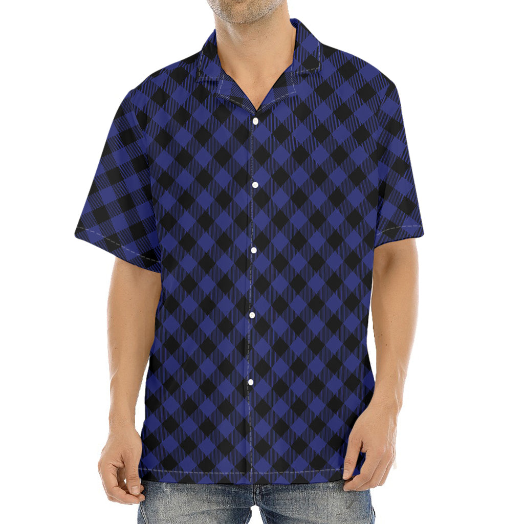 Navy And Black Buffalo Plaid Print Aloha Shirt