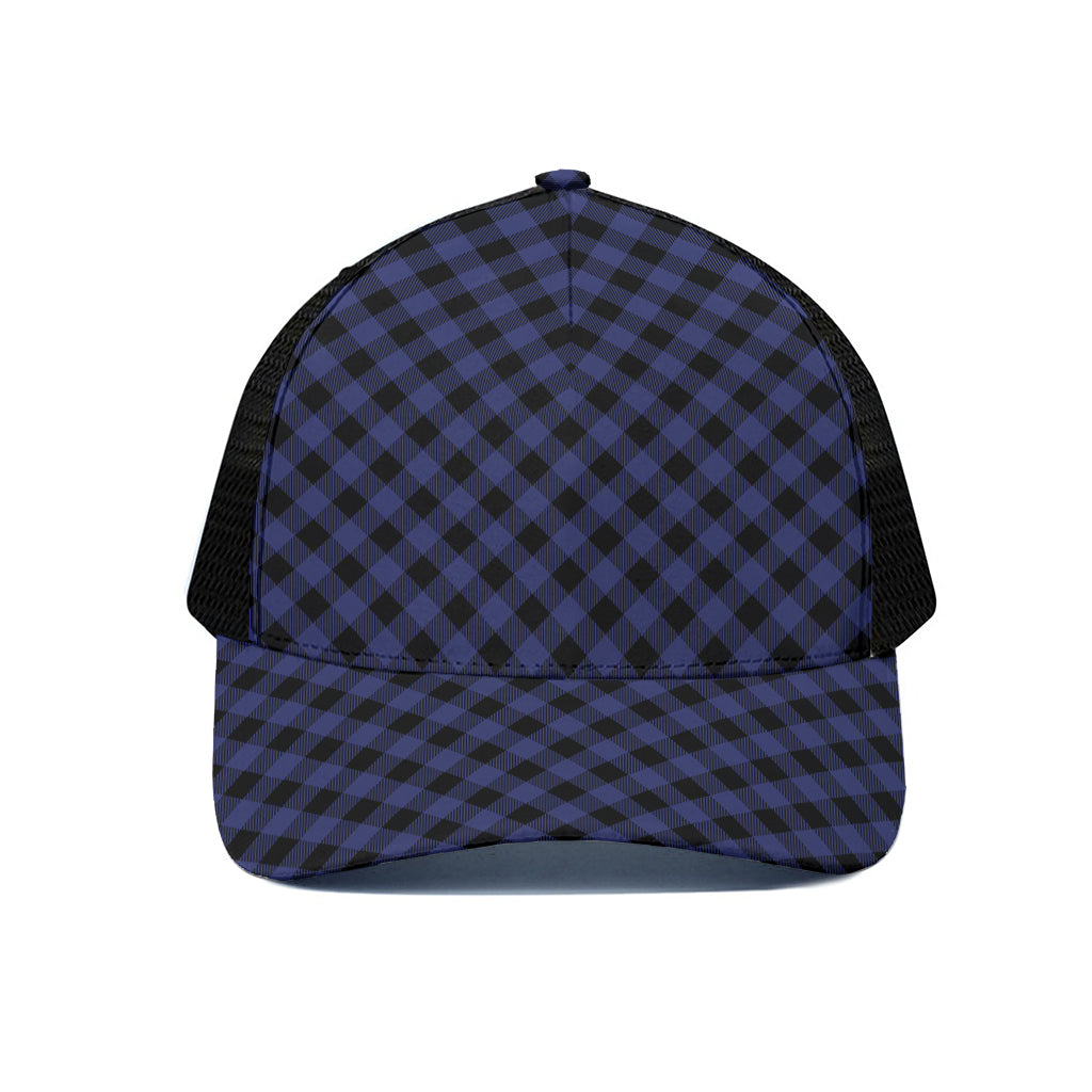 Navy And Black Buffalo Plaid Print Black Mesh Trucker Cap