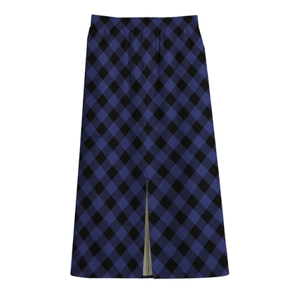 Navy And Black Buffalo Plaid Print Cotton Front Slit Maxi Skirt