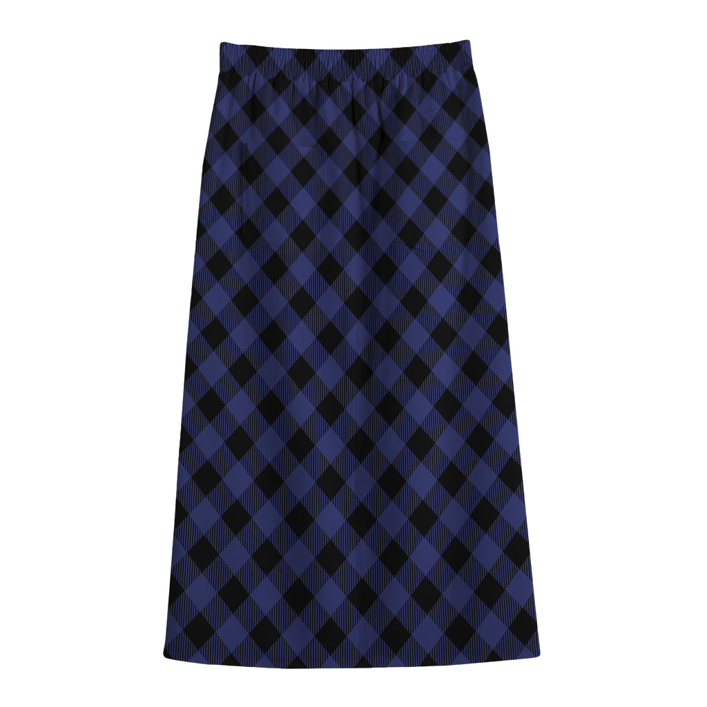 Navy And Black Buffalo Plaid Print Cotton Front Slit Maxi Skirt