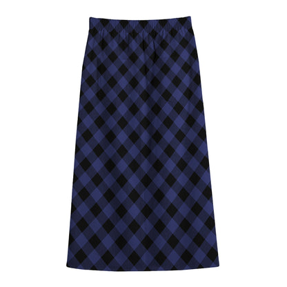 Navy And Black Buffalo Plaid Print Cotton Front Slit Maxi Skirt