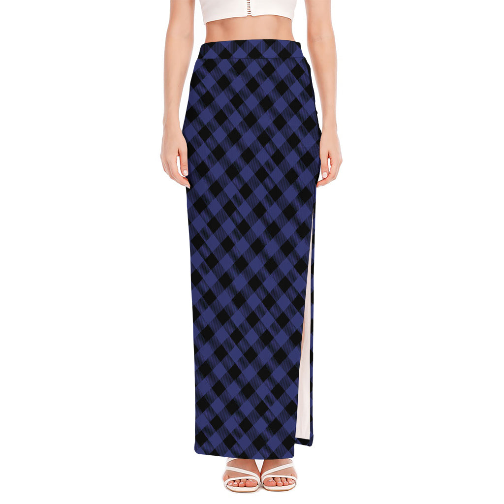 Navy And Black Buffalo Plaid Print High Slit Maxi Skirt