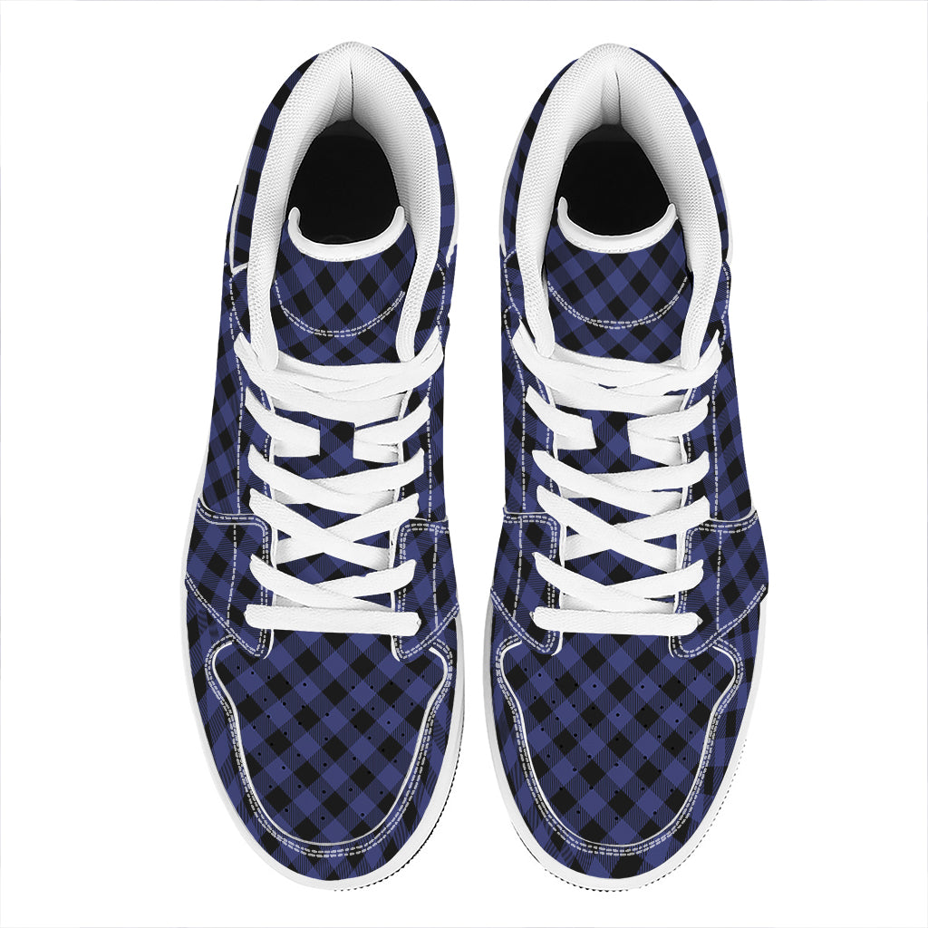 Navy And Black Buffalo Plaid Print High Top Leather Sneakers