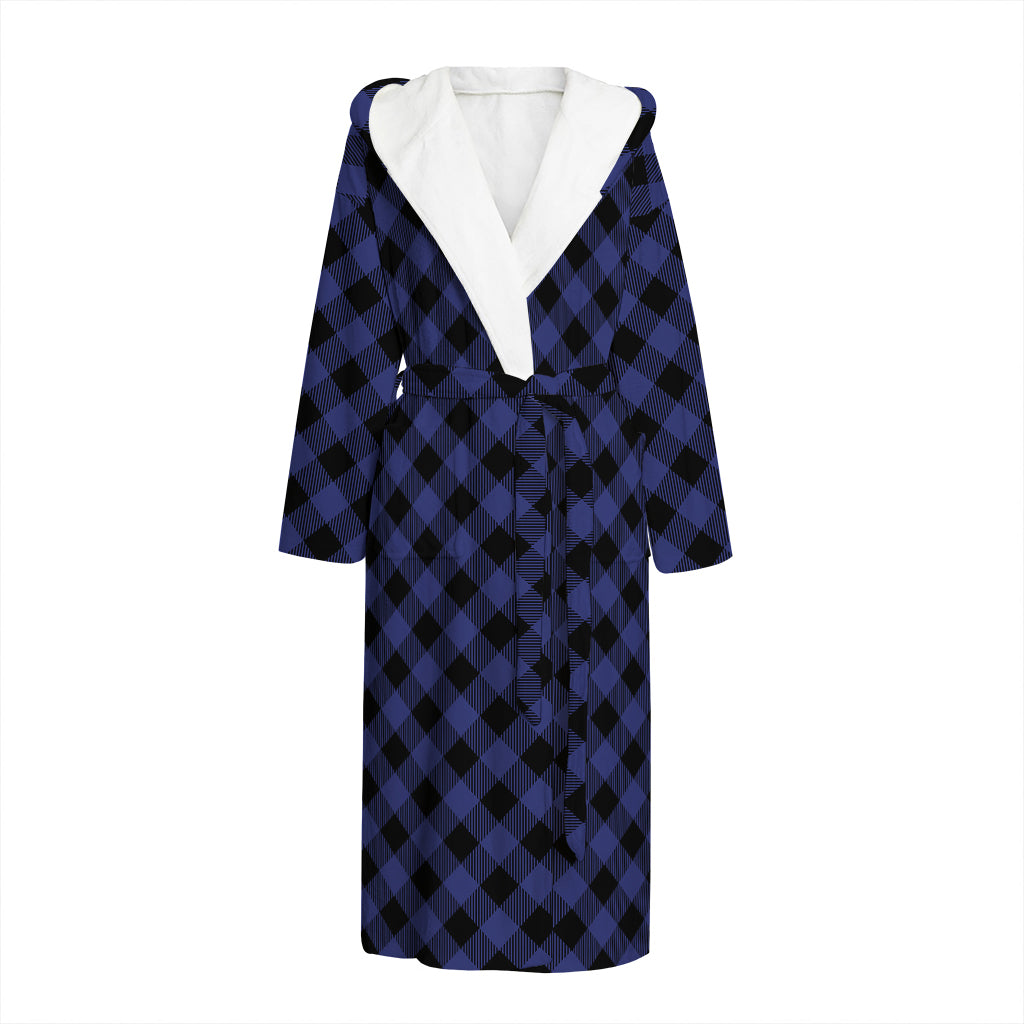 Navy And Black Buffalo Plaid Print Hooded Bathrobe