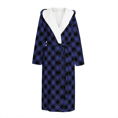 Navy And Black Buffalo Plaid Print Hooded Bathrobe