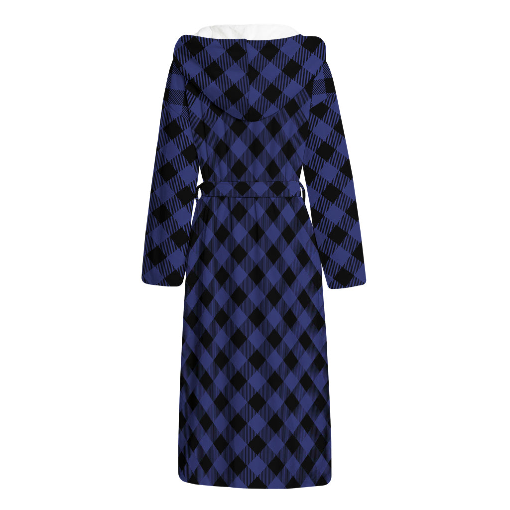 Navy And Black Buffalo Plaid Print Hooded Bathrobe