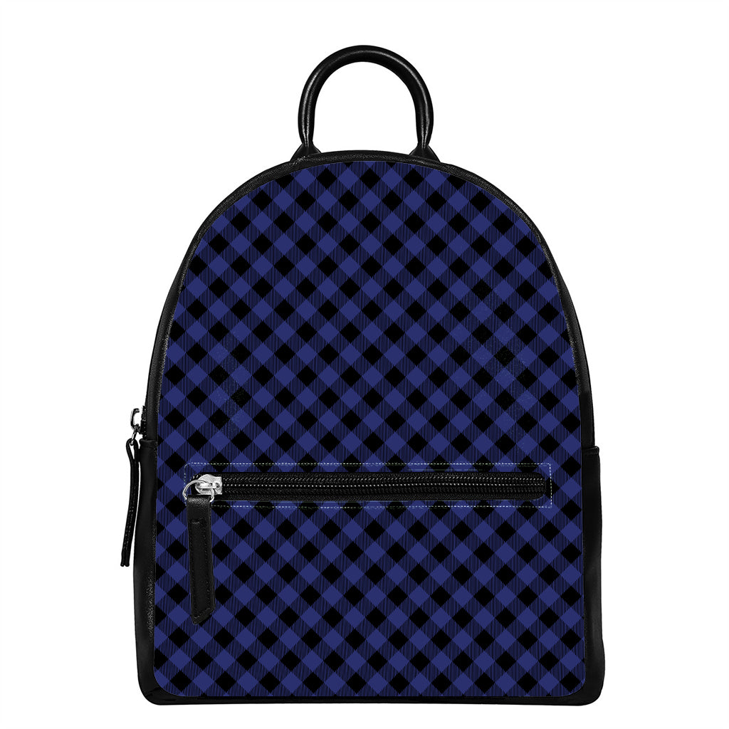 Navy And Black Buffalo Plaid Print Leather Backpack
