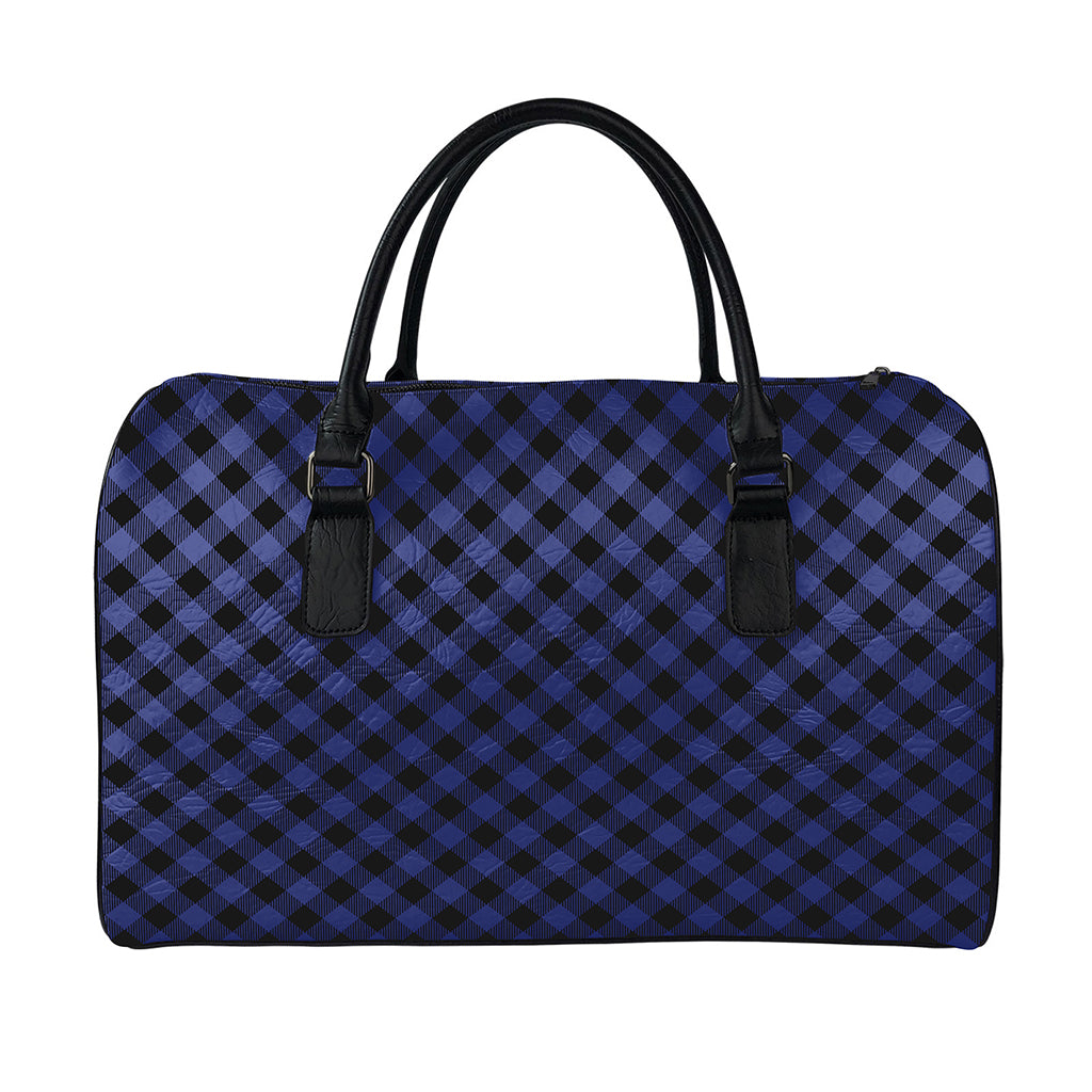 Navy And Black Buffalo Plaid Print Leather Duffle Bag