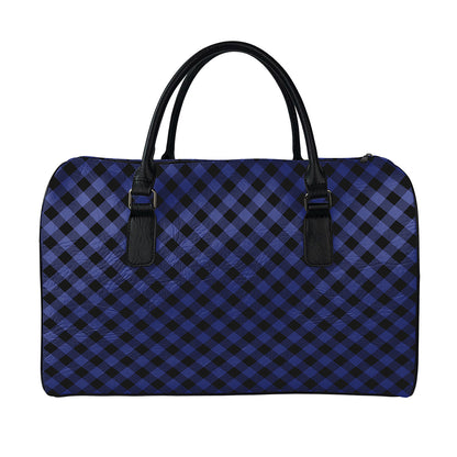 Navy And Black Buffalo Plaid Print Leather Duffle Bag