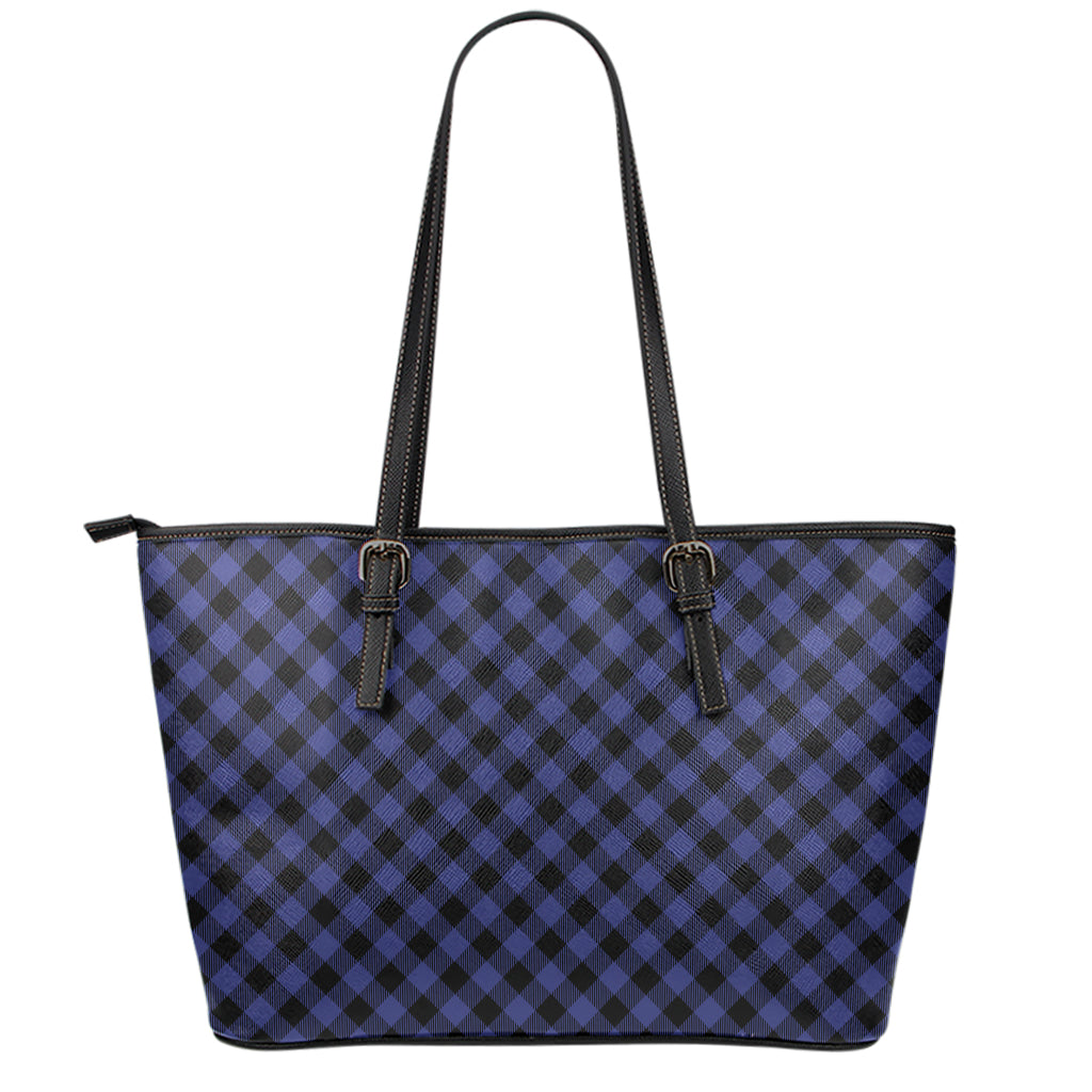 Navy And Black Buffalo Plaid Print Leather Tote Bag