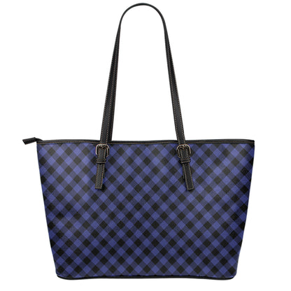 Navy And Black Buffalo Plaid Print Leather Tote Bag