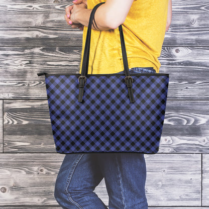 Navy And Black Buffalo Plaid Print Leather Tote Bag