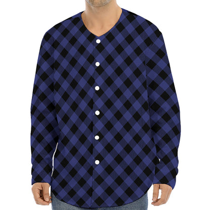 Navy And Black Buffalo Plaid Print Long Sleeve Baseball Jersey