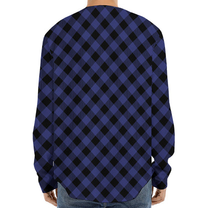 Navy And Black Buffalo Plaid Print Long Sleeve Baseball Jersey