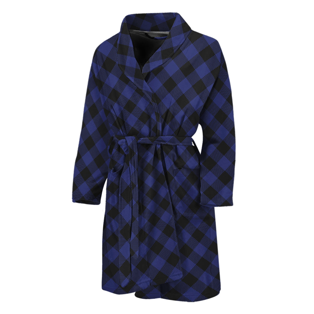 Navy And Black Buffalo Plaid Print Men's Bathrobe