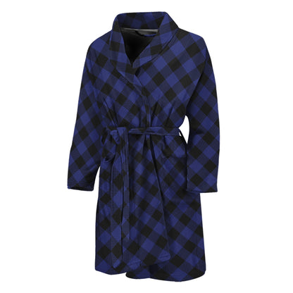Navy And Black Buffalo Plaid Print Men's Bathrobe