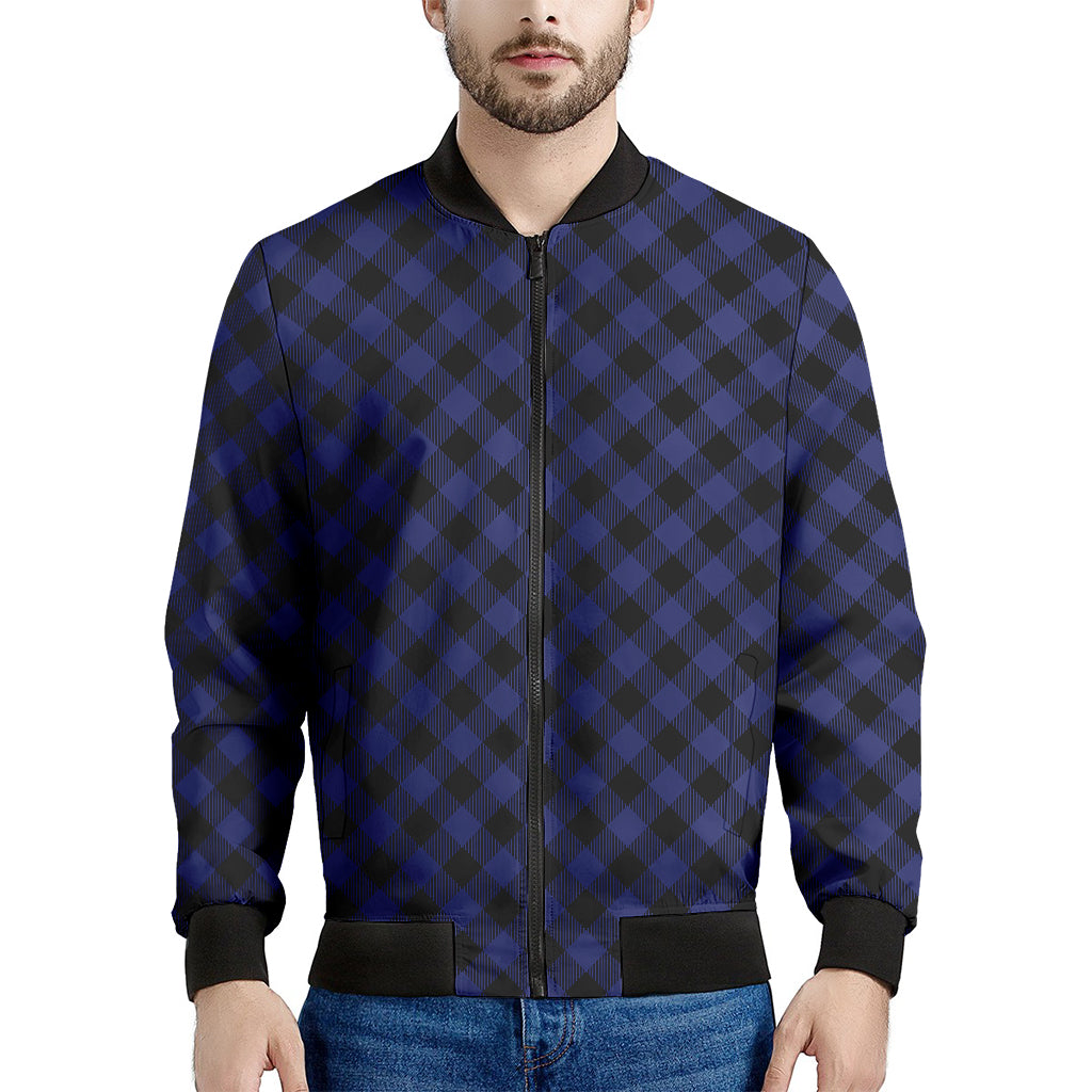 Navy And Black Buffalo Plaid Print Men's Bomber Jacket