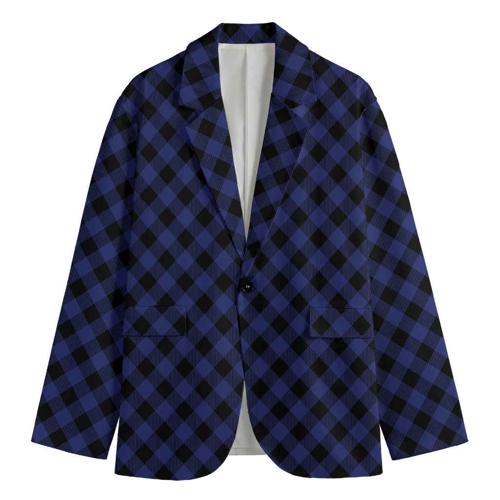Navy And Black Buffalo Plaid Print Men's Cotton Blazer
