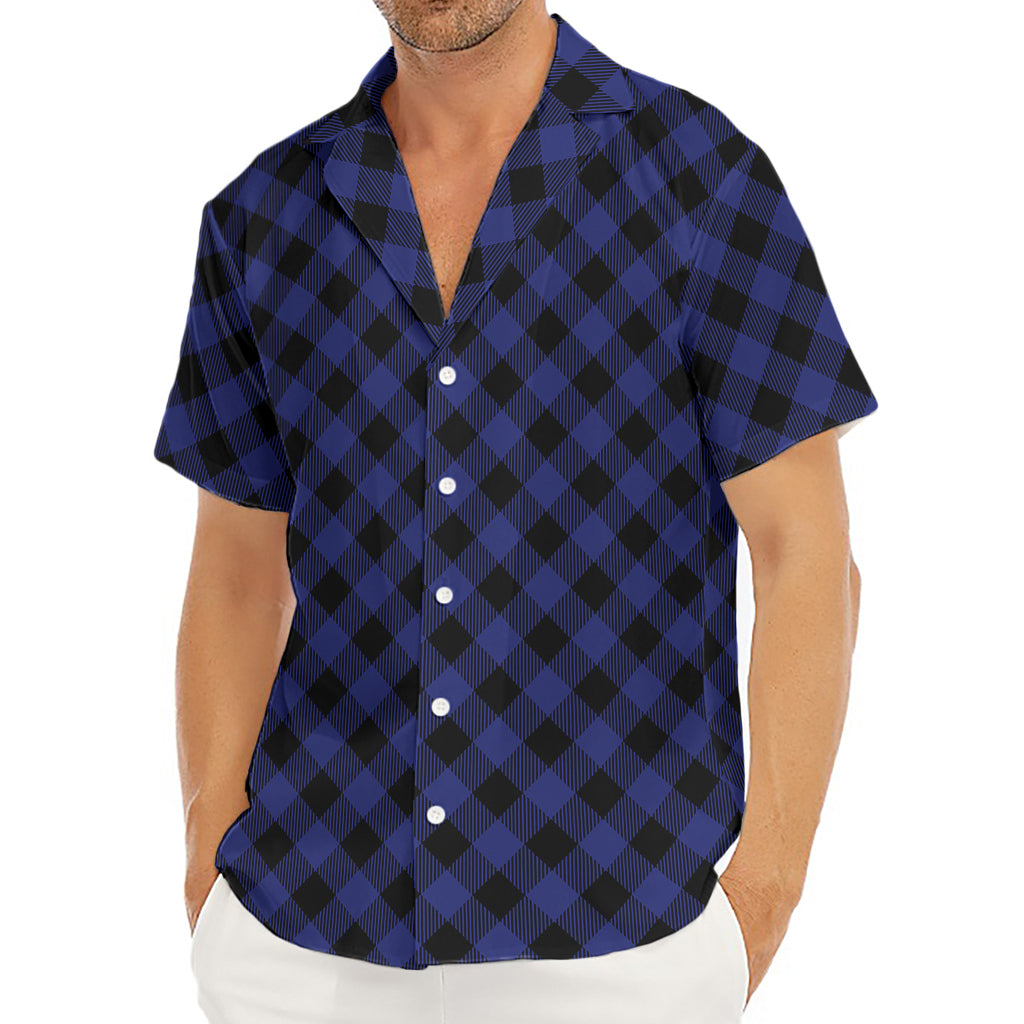 Navy And Black Buffalo Plaid Print Men's Deep V-Neck Shirt