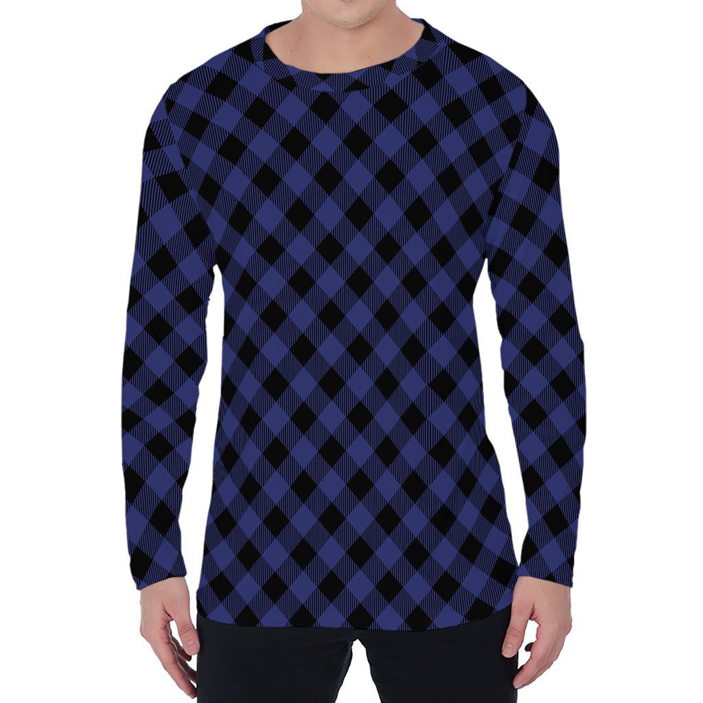 Navy And Black Buffalo Plaid Print Men's Long Sleeve T-Shirt
