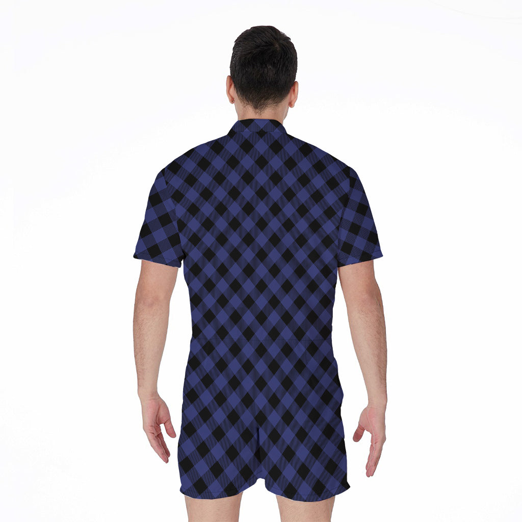 Navy And Black Buffalo Plaid Print Men's Rompers