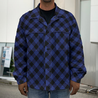 Navy And Black Buffalo Plaid Print Men's Shirt Jacket