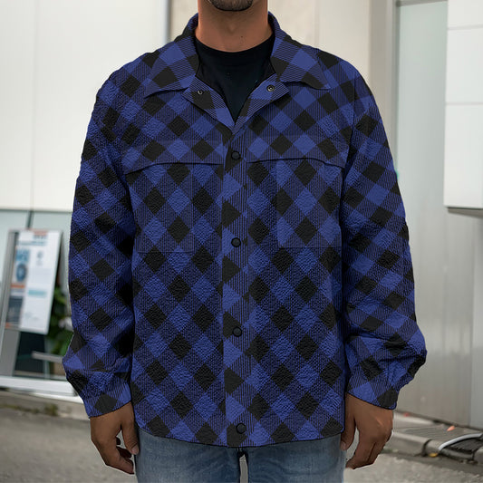 Navy And Black Buffalo Plaid Print Men's Shirt Jacket