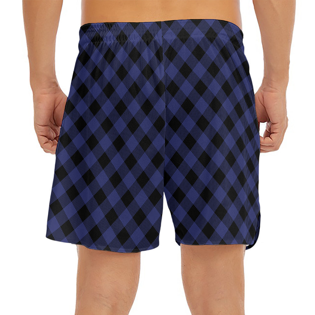 Navy And Black Buffalo Plaid Print Men's Split Running Shorts