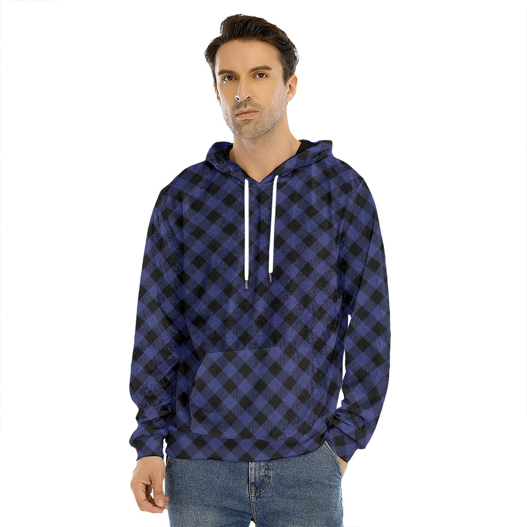 Navy And Black Buffalo Plaid Print Men's Velvet Pullover Hoodie