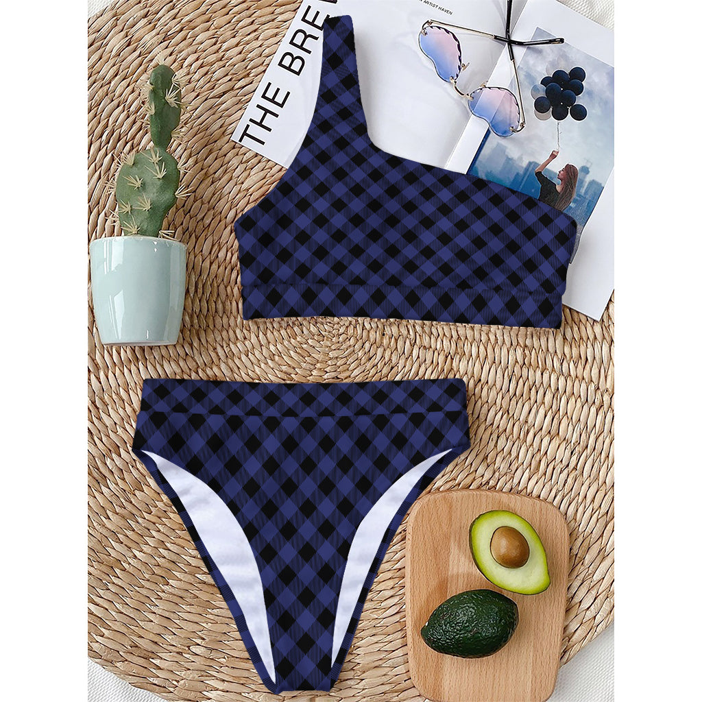 Navy And Black Buffalo Plaid Print One Shoulder Bikini Top