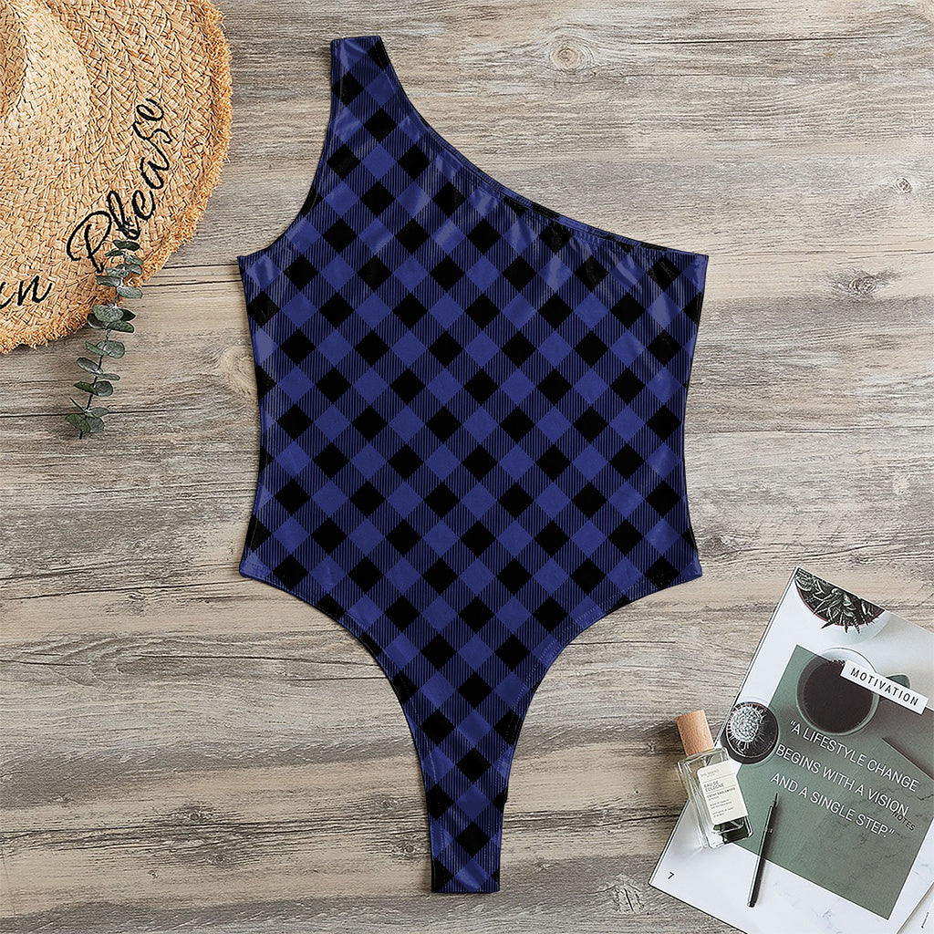 Navy And Black Buffalo Plaid Print One Shoulder Bodysuit