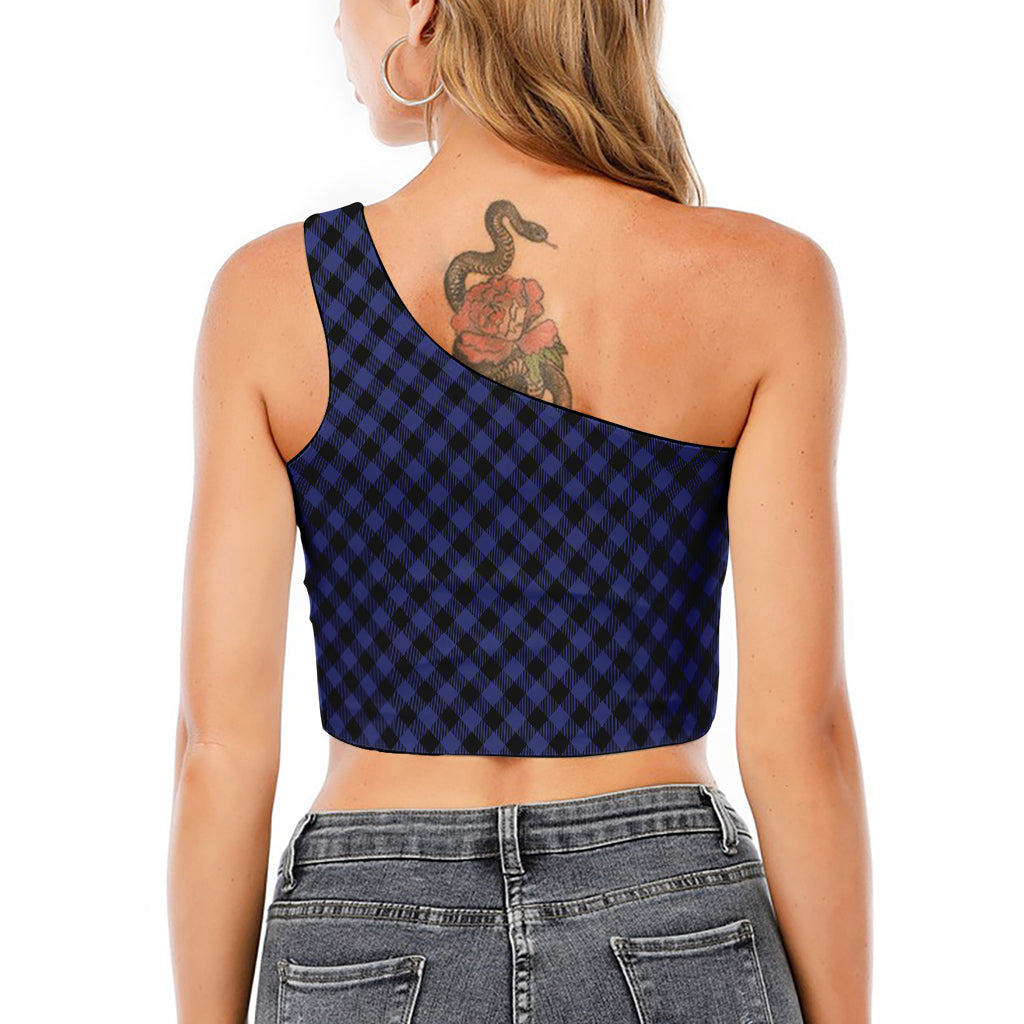 Navy And Black Buffalo Plaid Print One Shoulder Crop Top